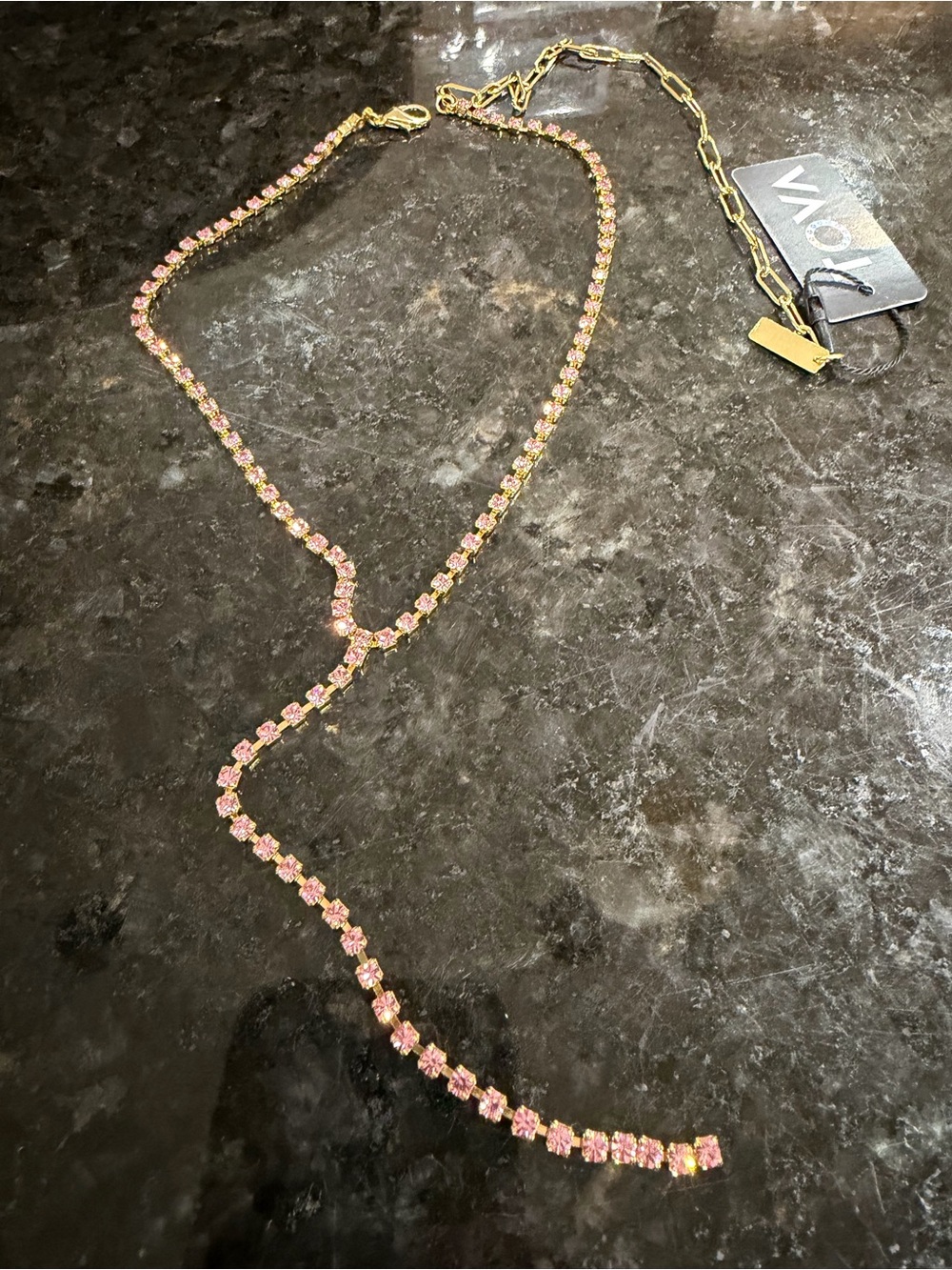 TOVA Gold Chain Necklace with Pink Crystal Drop